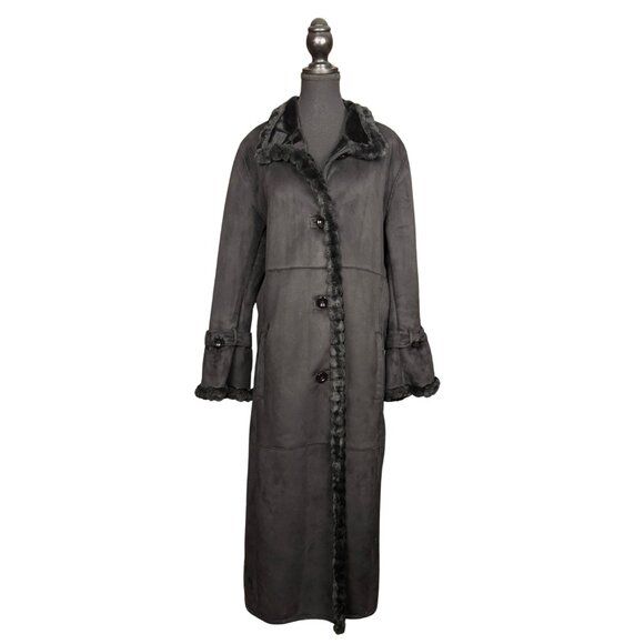 Vintage Black Faux Shearling Coat, Bell Sleeve, Boho Grunge Long Peacoat - Picture 7 of 14
